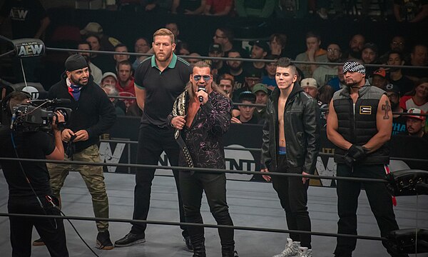 Hager (second from left) has been an associate of Chris Jericho (center) during his entire AEW career, first in the Inner Circle (shown here in 2019), then as part of the Jericho Appreciation Society