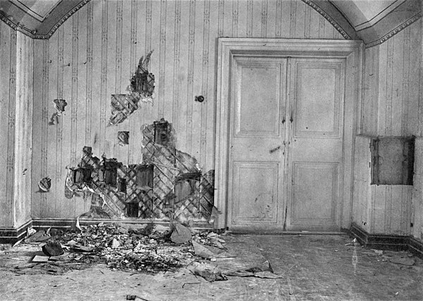 The basement where the Romanov family was killed. The wall had been torn apart in search of bullets and other evidence by investigators in 1919. The d