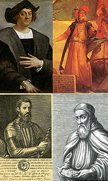 Italian explorers and navigators from the dominant maritime republics played a key role in ushering the Age of Discovery and the European colonization of the Americas. Clockwise from top left: Christopher Columbus, John Cabot, Amerigo Vespucci, and Giovanni da Verrazzano. Italian explorers.jpg