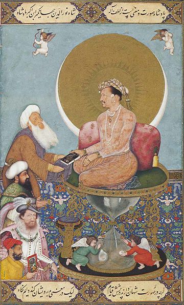 A Mughal miniature dated from the early 1620s depicting the Mughal emperor Jahangir (d. 1627) preferring an audience with Sufi saint to his contemporaries, the Ottoman Sultan and the King of England James I (d. 1625); the picture is inscribed in Persian: "Though outwardly shahs stand before him, he fixes his gazes on dervishes."