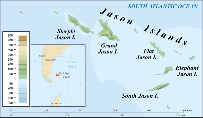 The Jason Islands form part of the Falkland Islands, an archipelago in the South Atlantic Ocean, located 300 miles off the coast of Argentina. Jason Islands topographic map-en.svg