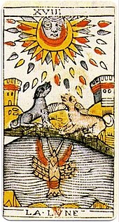 An original card from the tarot deck of Jean Dodal of Lyon, a classic "Tarot of Marseilles" deck, 1701-1715 Jean Dodal Tarot trump 18.jpg