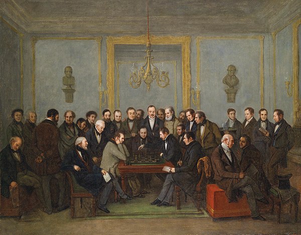 A depiction of the chess match between Howard Staunton and Pierre Saint-Amant, on 16 December 1843.