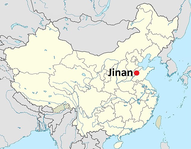 Landakort sem sýnir legu Jinan borgar í Shandong héraði í austurhluta Kína.