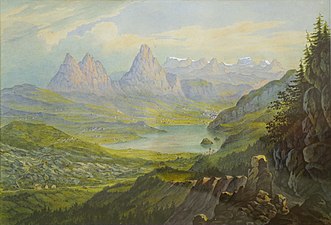 Lauerzersee und Mythen um 1880, mit Geröll des Bergsturzes. Aquarell von Heinrich Müller.