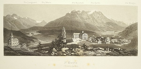 St. Moritz with Kulm Hotel c. 1870. Etching by Heinrich Müller