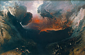 The End of the World, commonly known as The Great Day of His Wrath, an 1851-1853 oil painting on canvas by the English painter John Martin. According to Frances Carey, the painting shows the "destruction of Babylon and the material world by natural cataclysm". This painting, Carey holds, is a response to the emerging industrial scene of London as a metropolis in the early nineteenth century, and the original growth of the Babylon civilisation and its final destruction. According to the Tate, the painting depicts a portion of Revelation 16, a chapter from the New Testament. John Martin - The Great Day of His Wrath - Google Art Project.jpg
