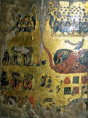 The Last Judgement, c. 1100 AD icon, by John Tohabi, kept at the Saint Catherine's Monastery. John Tokhabi, Last Judgment, around 1100. Icon, tempera. St Catherine monastery on Sinai, Egypt.jpg