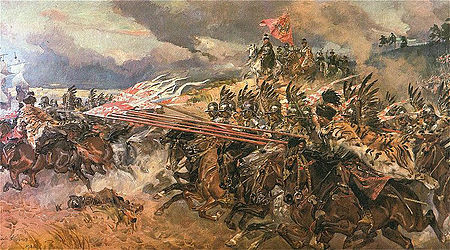 Battle of Kircholm label QS:Len,"Battle of Kircholm" label QS:Lpl,"Kircholm" , oil on canvas medium QS:P186,Q296955;P186,Q12321255,P518,Q861259 , 1925, 200 × 400 cm (78.7 × 157.4 in), Polish Army Museum