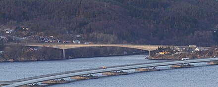 View of Krossnessund Bridge (back) and Nordhordland Bridge (front)