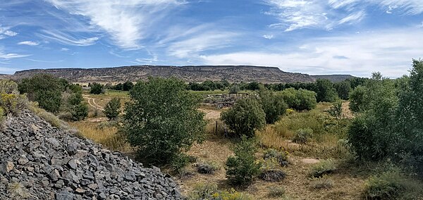 La Bajada Mesa from the valley of the Santa Fe River at La Bajada, New Mexico. The switchback route of the old El Camino Real de Tierra Adentro is vis