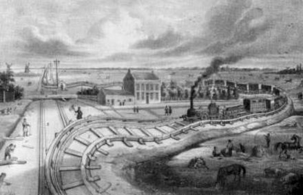 A common sight in the early days of Dutch railways: landowners wouldn't let the rail companies use or buy their land for the railway, leading to conflict, after which the company would lay temporary tracks around the property they couldn't cross. Pictured is an artist's impression of Het Laantje van Van der Gaag near Delft, which was in use from July 3 until July 7, 1847.