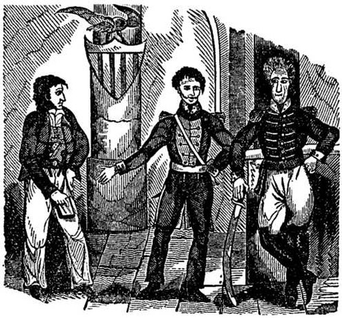 An 1837 woodcut of Lafitte, Governor W.C.C. Claiborne, and General Andrew Jackson during the War of 1812