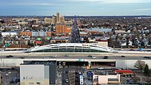 Lake Street looking east from Nicollet Ave with Interstate 35W in the foreground and the Midtown Exchange visible in the background. Lake Street looking east from Nicollet Ave.jpg