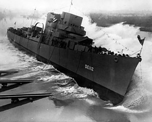 Launch of USS Carter (DE-112) at the Dravo Corporation in Wilmington, Delaware (USA), on 29 February 1944 (80-G-219560).jpg