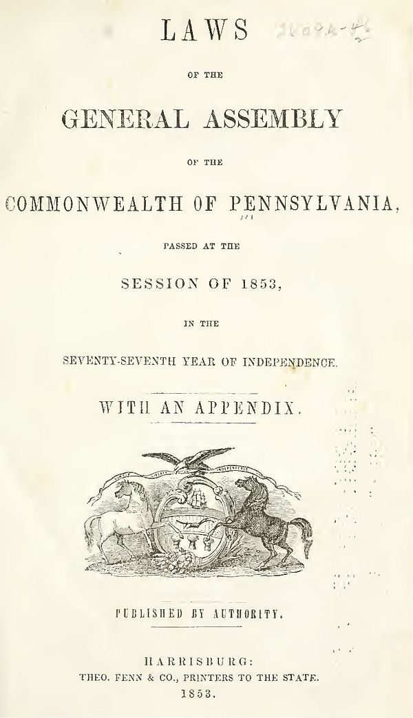 The title page of Laws of Pennsylvania, published in 1853