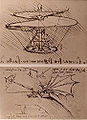 A dalt, Vis aèria (1486), una mena d'helicòpter. A sota, estudi sobre la força d'aixecament d'una ala.