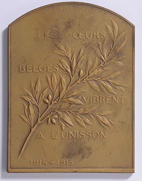 File:Les Coeurs Belges Vibrent à l'Unisson 1914-1915, plaquette by Pierre Theunis, Belgium, 1915, Coins and Medals Department of the Royal Library of Belgium, 2Lef 24 - 69 (verso).jpg