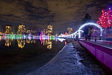 Reflections of the city skyline at the Lights at Lafarge festival