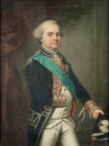 Huile sur toile représentant le comte de Provence, futur Louis XVIII, en uniforme, tenant de la main gauche un bicorne et main droite dans le gilet.
