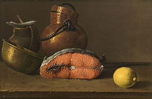 Luis Melendez. Still Life with Salmon, Lemon and three Vessels. 1772. Prado