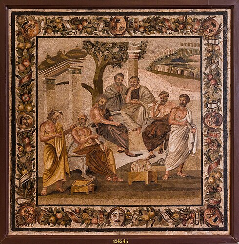 1st century BC mosaic of the School of Plato in Athens. Proclus was head of the school from c. 437–485 AD