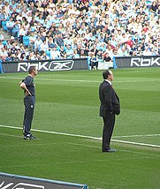 Stuart Pearce managing Manchester City against Rafael Benitez's Liverpool in 2007. Manchester City-Liverpool--Pearce and Benitez.jpg