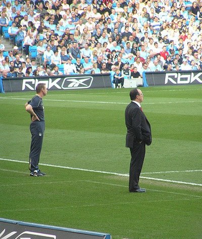 Benítez (right) in April 2007, his third season in charge of Liverpool