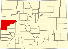 Location of Mesa County in Colorado Map of Colorado highlighting Mesa County.svg