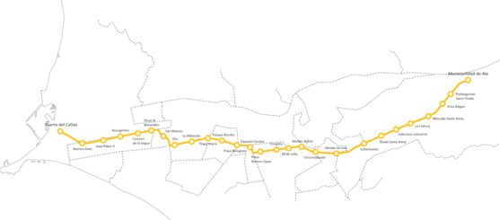 Map of the entire projected length of Line 2, including all stations. Mapa de Linea 2 Metro de Lima.png