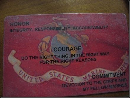 Card given to recruits bearing the Core values