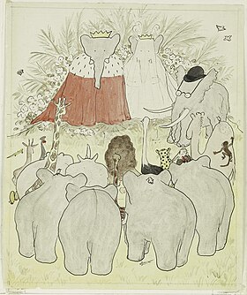 « Mariage et couronnement du roi Babar et de la reine Céleste », aquarelle extraite dHistoire de Babar, le petit éléphant (1931).