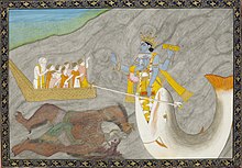 Vishnu's Matsya avatar, a prominent Hindu myth. Matsya Avatar, ca 1870.jpg