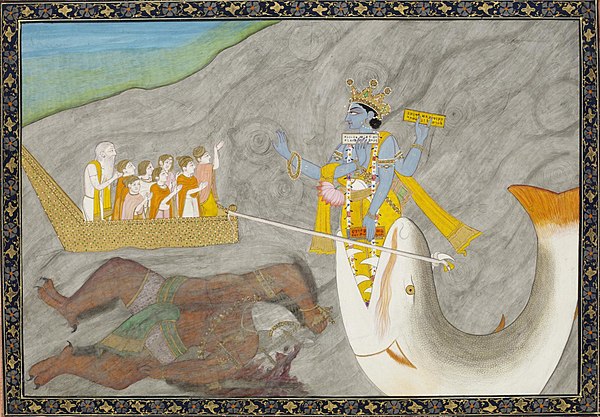 Vishnu-Matsya appearing from mouth of a horned fish, pulling the boat with Manu and the seven sages. Matsya has recovered the Vedic scriptures from th