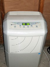 A typical "portable" dehumidifier can be moved about on built-in casters. Maytag dehumidifier1.jpg