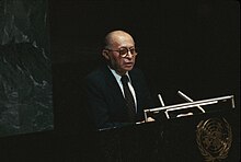 Menachem Begin speaking at the UN General Assembly (1982) Menachem Begin (1982).jpg