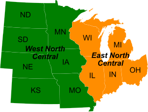 Divisions of the Midwest by the U.S. Census Bureau into East North Central and West North Central, separated largely by the Mississippi River Midwestern United States subdivisions.svg