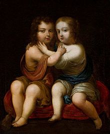 Portrait of Louis XIV of France as a child with his milk-sister Henrietta of England by circle of Pierre Mignard, c. 1646, National Museum in Warsaw Mignard Louis XIV as a child with his milk-sister.jpg