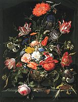 Flowers in a Metal Vase in a Niche label QS:Len,"Flowers in a Metal Vase in a Niche" label QS:Lpl,"Kwiaty w metalowym wazonie w niszy" label QS:Lnl,"Bloemen in een metalen vaas in een nis" circa 1670 date QS:P,+1670-00-00T00:00:00Z/9,P1480,Q5727902 . oil on canvas medium QS:P186,Q296955;P186,Q12321255,P518,Q861259 . 90 × 72.5 cm (35.4 × 28.5 in). The Hague, Royal Picture Gallery Mauritshuis.