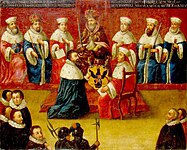 Obraz nieznanego autorstwa, przedstawiający Mikołaja Radziwiłła „Czarnego” otrzymującego od cesarza tytuł książęcy z herbem (XVII w.).