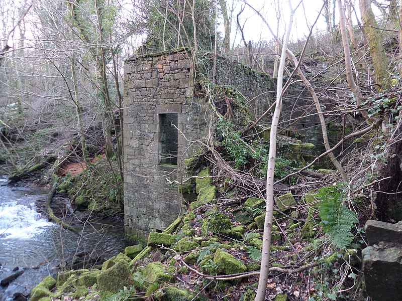 File:Millbank Mill ruins, Lochwinnoch - water wheel housing and the burn.jpg