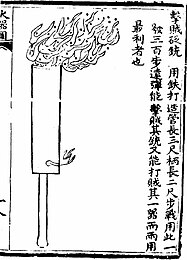 Egy „rablóverő átütőfegyver”, ahogy az a Huolongjing egyik lapján látható. Az első ismert fémcsövű tűzlándzsa, alacsony nitráttartalmú puskaporlángok lőtt ki kis törmelékrakétákkal együtt.