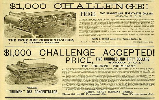 Adjacent advertisements in an 1885 newspaper for the makers of two competing ore concentrators (machines that separate out valuable ores from undesired minerals). The lower ad touts that their price is lower, and that their machine's quality and efficiency was demonstrated to be higher, both of which are general means of economic competition.