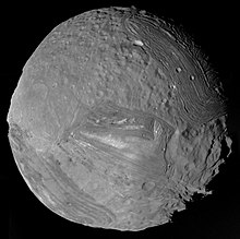 The Uranian moon Miranda, imaged by Voyager 2 Miranda - January 24 1986 (30906319004).jpg