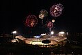 Mountaineer Stadium lit up by fireworks