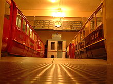 Accurate full-scale recreation of a pre-1977 Glasgow Subway station, featuring salvaged items from the former Merkland Street subway station (Kelvin Hall) Museum of transport Glasgow Oldsubstr.jpg