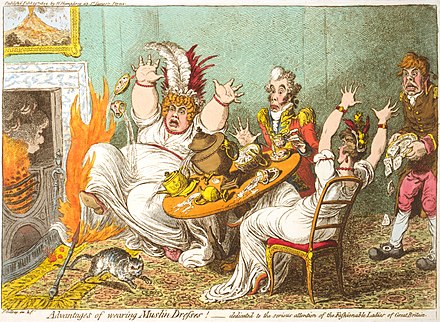 In Advantages of wearing Muslin Dresses! (1802), James Gillray caricatured a hazard of untreated muslin: its flammability.
