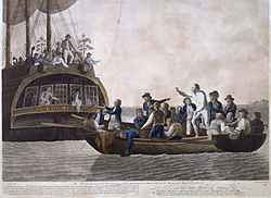 Kapinalliset jättävät Bligh'n ja hänelle uskolliset keskelle valtamerta 28. huhtikuuta 1789. Robert Doddin maalaus.