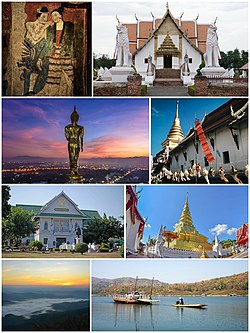 (do canto superior esquerdo, no sentido horário) - murais "Kra Sib Ruk" em Wat Phumin, Ubosot de Wat Phumin com fachada em Quadra, Wat Phra Thart Chang Kham, Wat Phra Thart Chae Haeng, Represa Sirikit, Parque Nacional Si Nan, Museu Nacional de Nan , Leela Buda de Wat Phra Thart Khao Noi