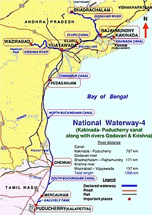 India's National Waterways NW-4 connects Kakinada, in Andhra Pradesh and Pondicherry, in Puducherry. The waterway passes through Rajamundry, Vijayawada, Pedakanjam, Chennai and Marakkanam. National waterways NW-4.JPG